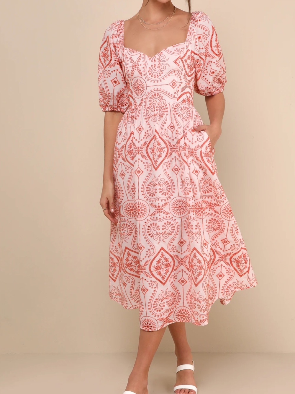 Dainty Persona Orange Eyelet Midi Dress With Pockets